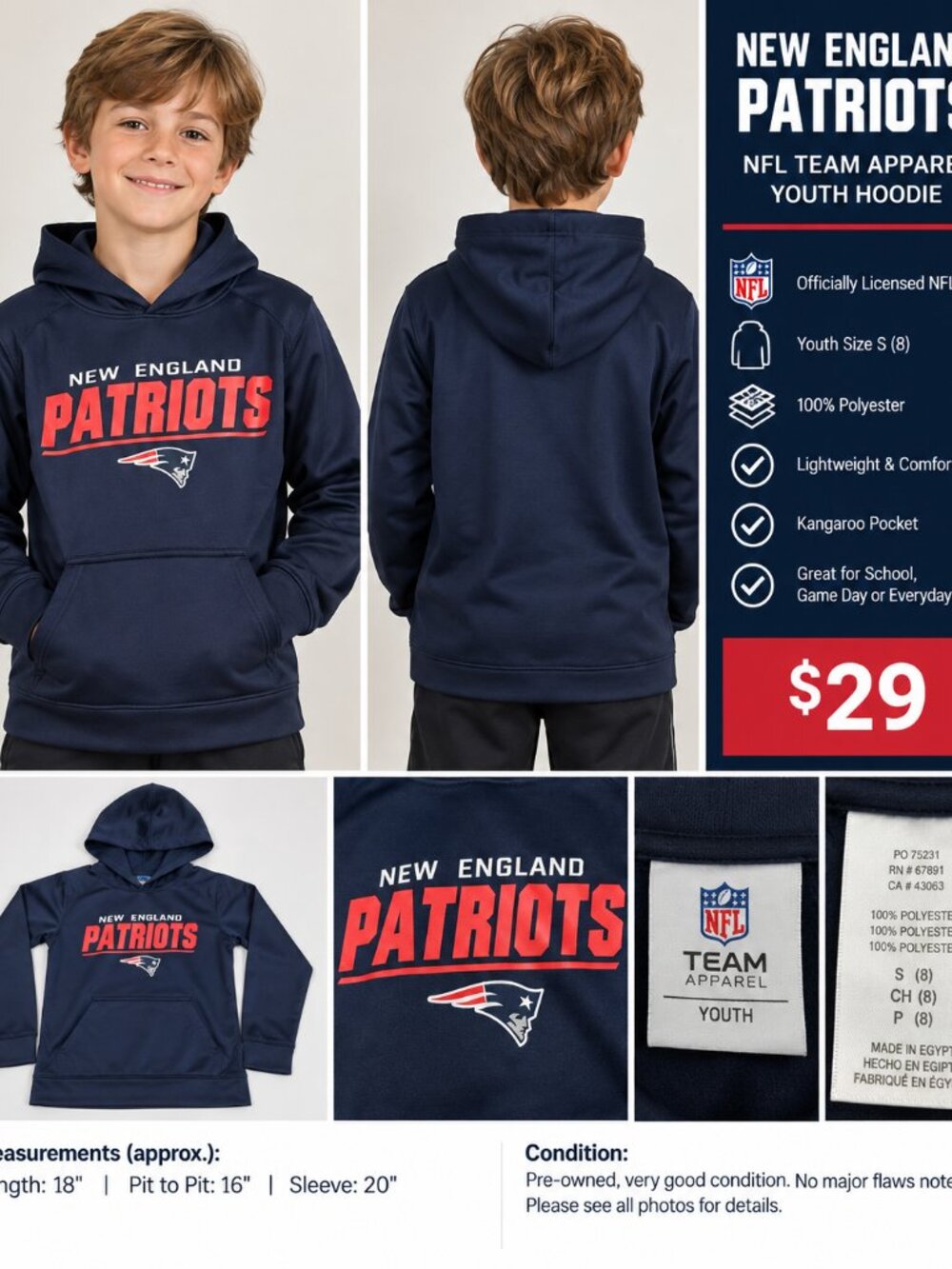 New England Patriots NFL Hoodie Youth Small 8 Navy